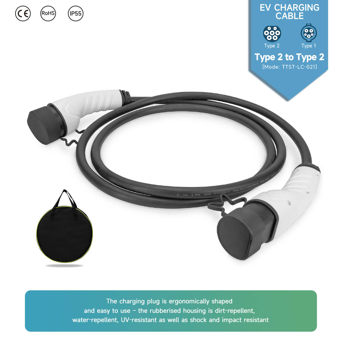 TTCHARGER EV Cable（16A 3.5kW）With 5m Type 2 to Type 2 Female to Male Cable